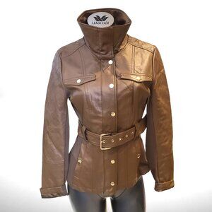 GUESS Los Angeles Brown Belted Faux-Leather Moto Jacket – Size M